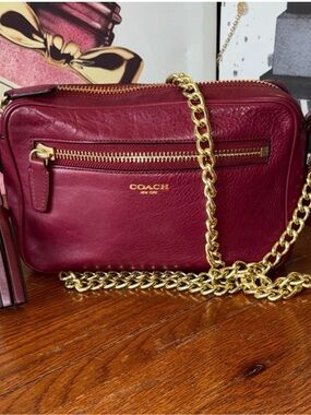 Coach Wine Leather Camera Crossbody with Gold Chain Strap